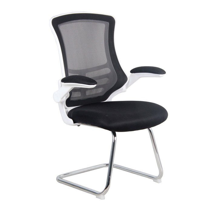 Designer High Back Mesh Cantilever Chair with White Shell, Chrome Frame and Folding Arms