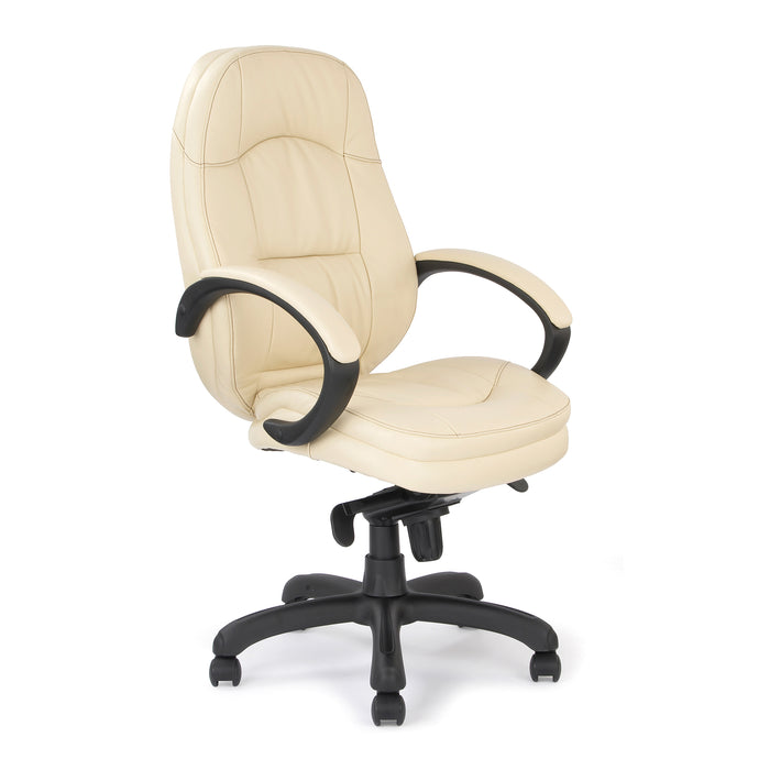 Luxurious Leather Faced Executive Armchair with Padded, Upholstered Armpads and Pronounced Lumbar Support