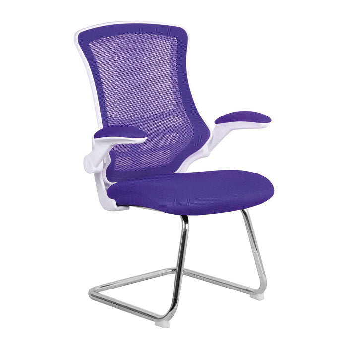 Designer High Back Mesh Cantilever Chair with White Shell, Chrome Frame and Folding Arms