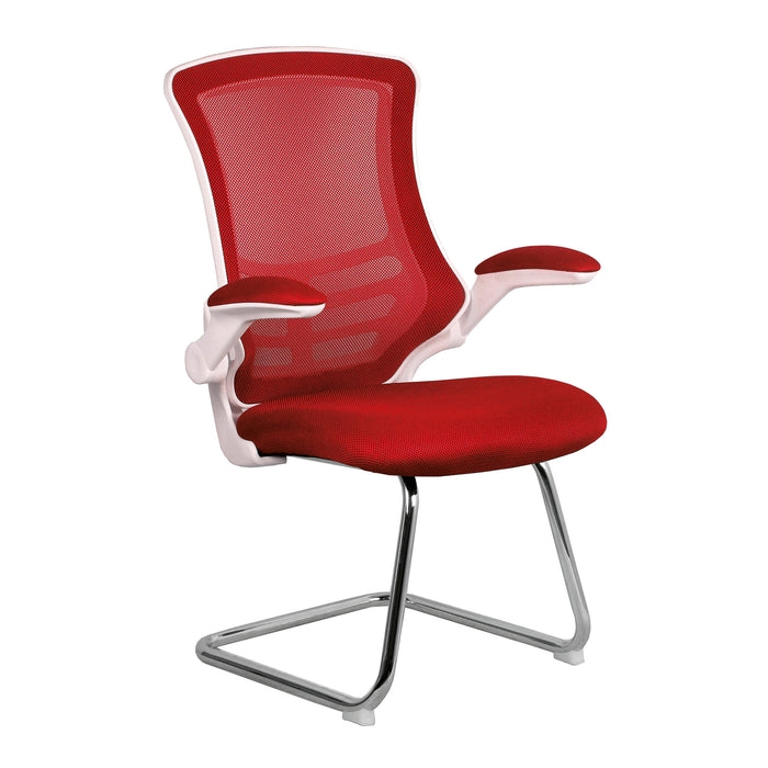Designer High Back Mesh Cantilever Chair with White Shell, Chrome Frame and Folding Arms
