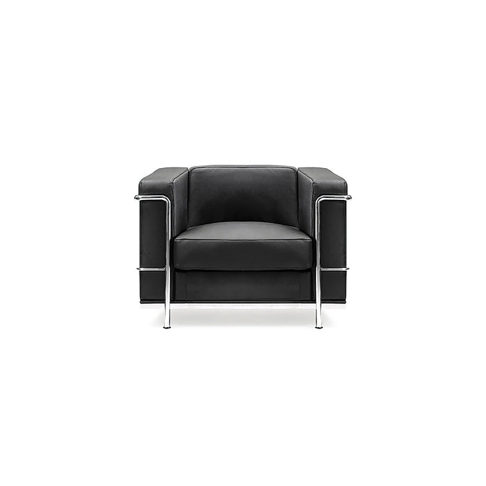 Contemporary Cubed Leather Faced Reception Chair with Stainless Steel Frame and Integrated Leg Supports - Black