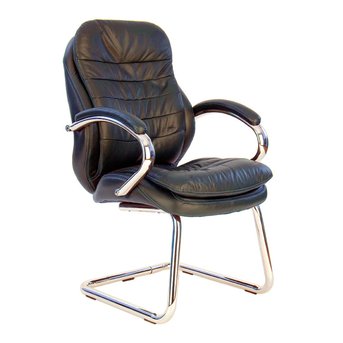 High Back Italian Leather Faced Executive Visitor Armchair with Integral Headrest and Chrome Base