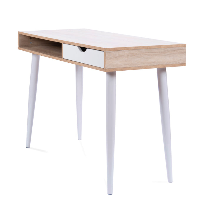 Compact Workstation with White Legs, Stylish Complementing Drawer and Open Storage Compartment