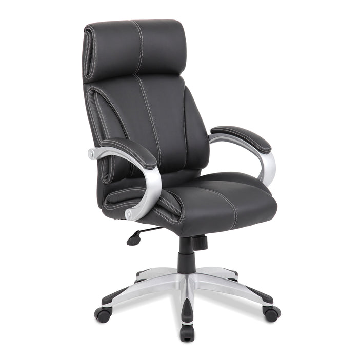 High Back Leather Faced Manager Chair with Satin Silver Finish to Armrests and Base - Black