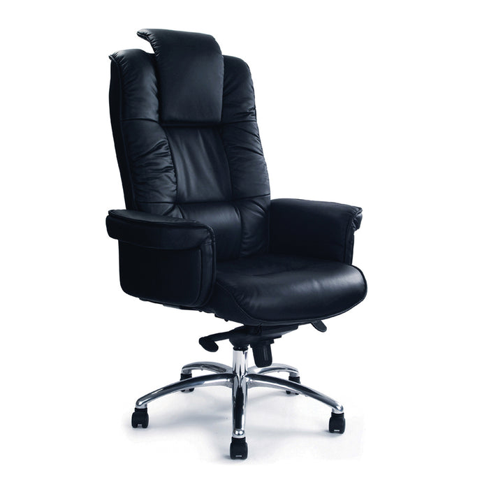 Luxurious High Back Leather Faced Gull-Wing Executive Armchair with Adjustable Headrest and Chrome Base - Black