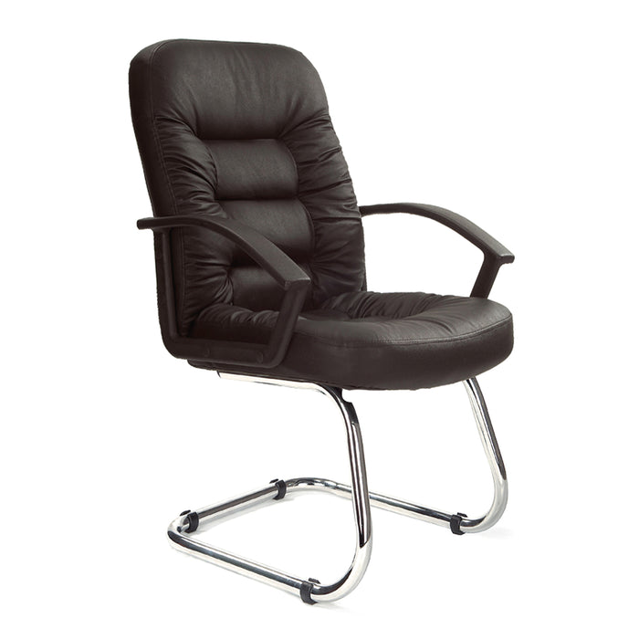 High Back Leather Faced Executive Visitor Armchair with Ruched Panel Detailing and Chrome Cantilever Base - Black