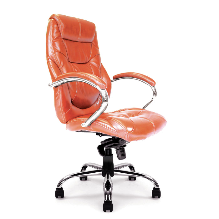 High Back Luxurious Leather Faced Synchronous Executive Armchair with Integral headrest and Chrome Base