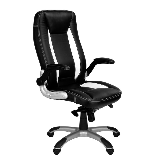 High Back Executive Chair with Folding Arms and Satin Chrome Base - Black and White