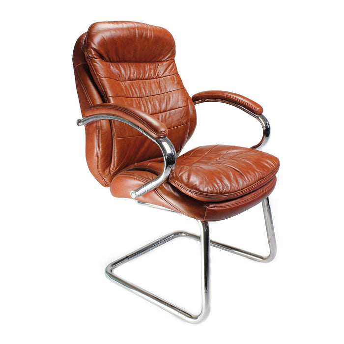 High Back Italian Leather Faced Executive Visitor Armchair with Integral Headrest and Chrome Base