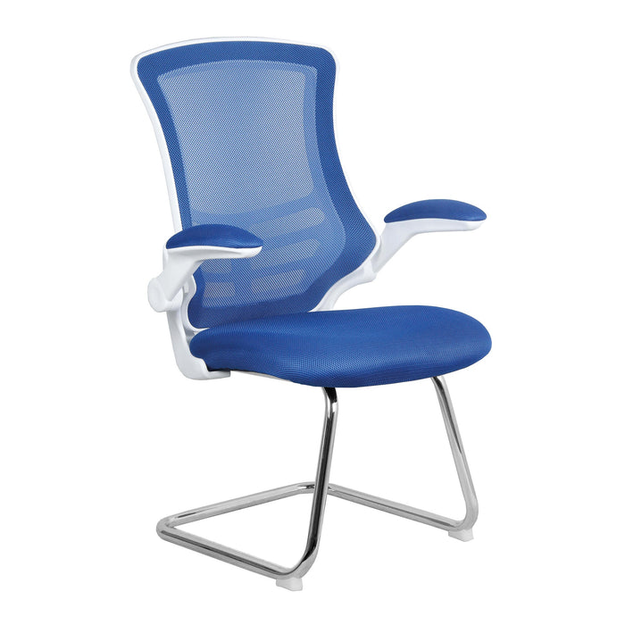 Designer High Back Mesh Cantilever Chair with White Shell, Chrome Frame and Folding Arms