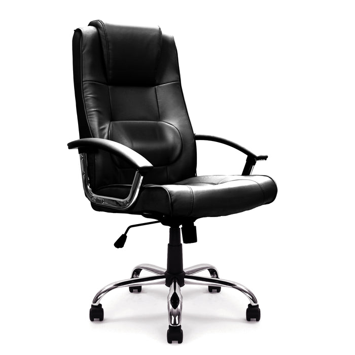 High Back Leather Faced Executive Armchair with Integral Headrest and Chrome Base