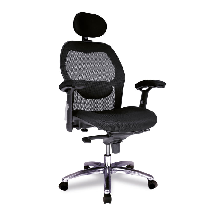 High Back Mesh Synchronous Executive Armchair with Adjustable Lumbar Support, Arms, Headrest and Chrome Base - Black