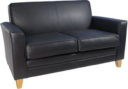 Teknik Newport Black Leather Faced Reception 2 Seater Sofa With Wooden Feet