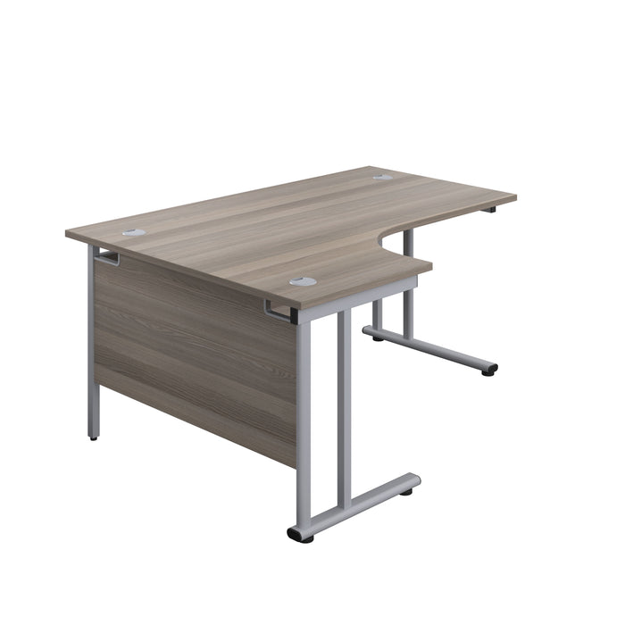 Twin Upright Left Hand Radial Desk 1600 X 1200 Grey Oak With Silver Frame No Pedestal